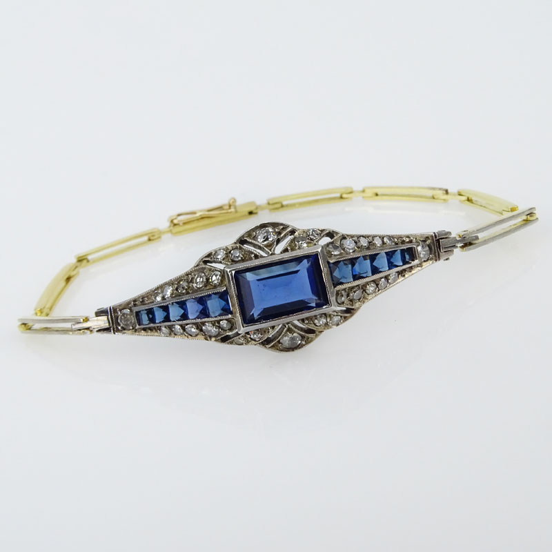 Art Deco Sapphire, Diamond, 14 Karat Yellow Gold and Sterling Silver Bracelet. 