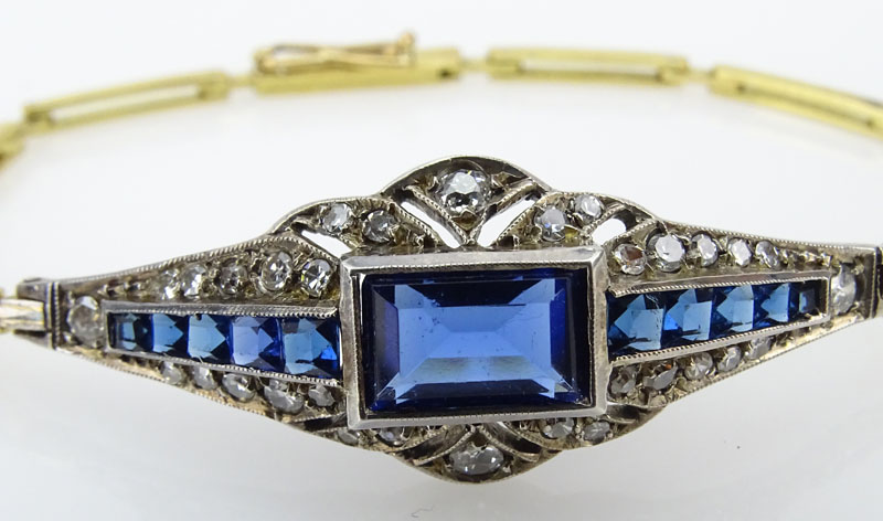 Art Deco Sapphire, Diamond, 14 Karat Yellow Gold and Sterling Silver Bracelet. 