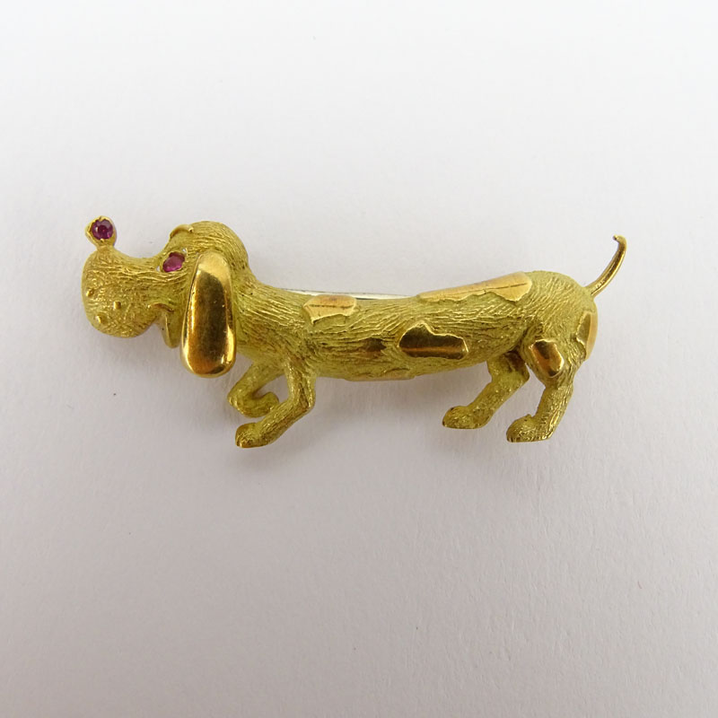 Vintage Miniature 18 Karat Yellow Gold Dog Pin with Ruby Eyes.