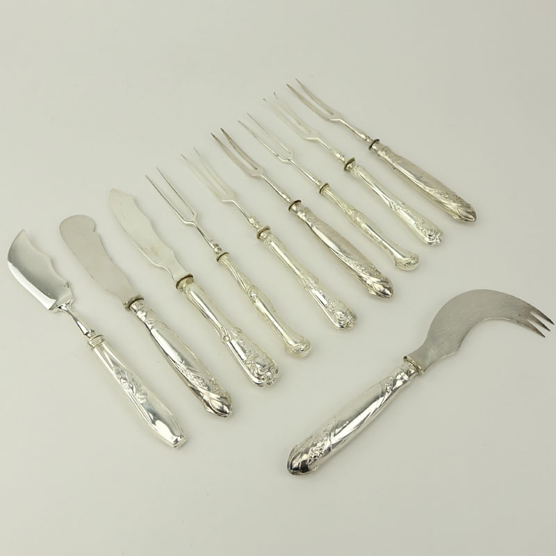 Grouping of Ten (10) Russian Art Nouveau Silver Handle Serving Pieces.