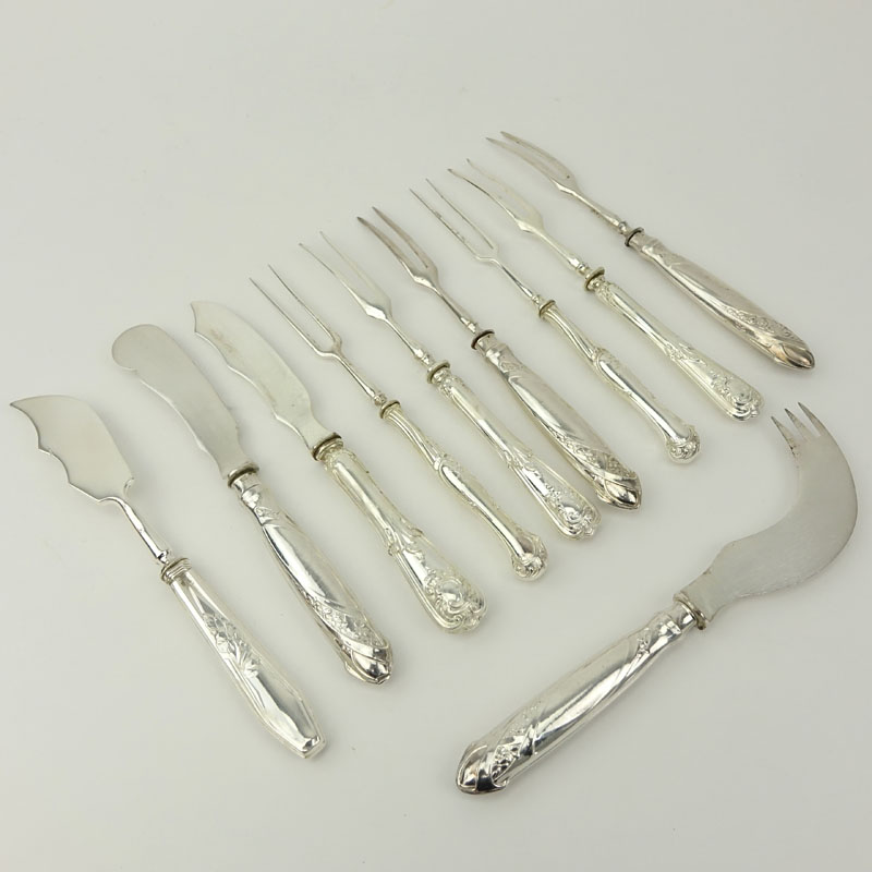 Grouping of Ten (10) Russian Art Nouveau Silver Handle Serving Pieces.