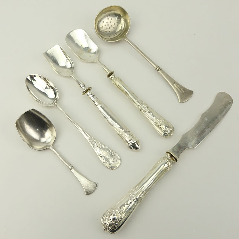 Grouping of Six (6) Antique or Vintage Russian Solid and Handle Silver Tableware.