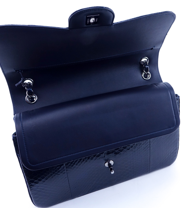 Chanel Dark Navy Python Jumbo Classic Double Flap Shoulder Bag.