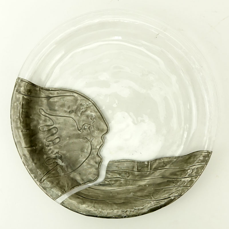 Vintage Clear Art Glass Plate With Pewter Overlay.