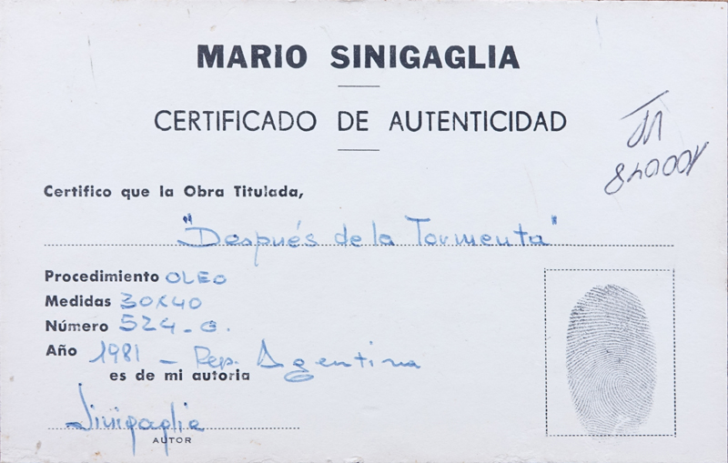 Mario Sinigaglia (20th C) Oil on board "Despues de la Tormenta".