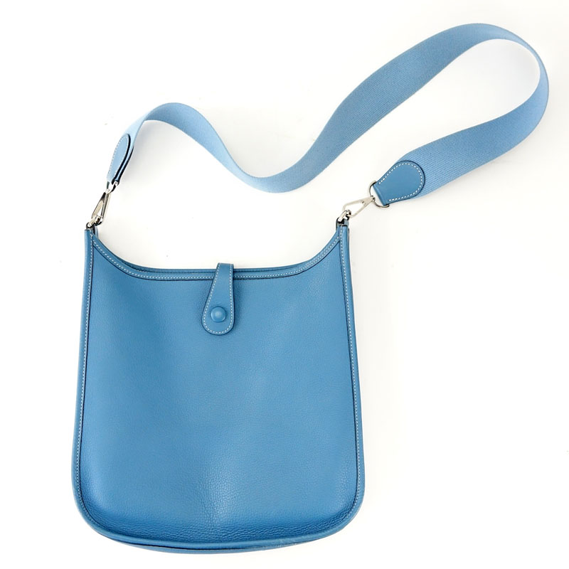 Hermès Blue Jean Togo Leather Evelyne I-2 PM Messenger Bag.