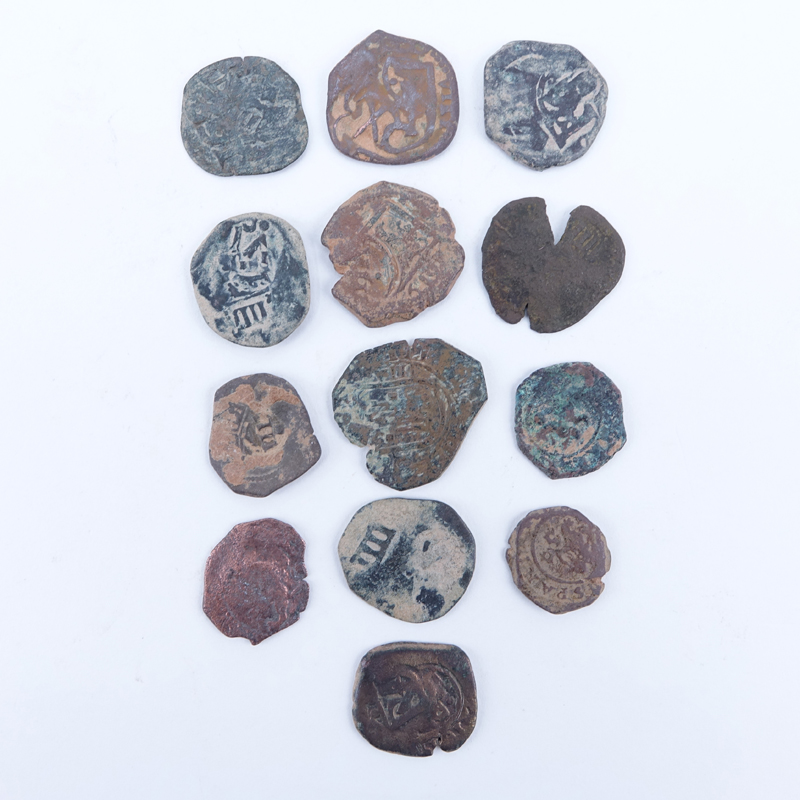 Collection of Thirteen (13) Spanish Colonial Copper Coins. Possibly 16th century or later.