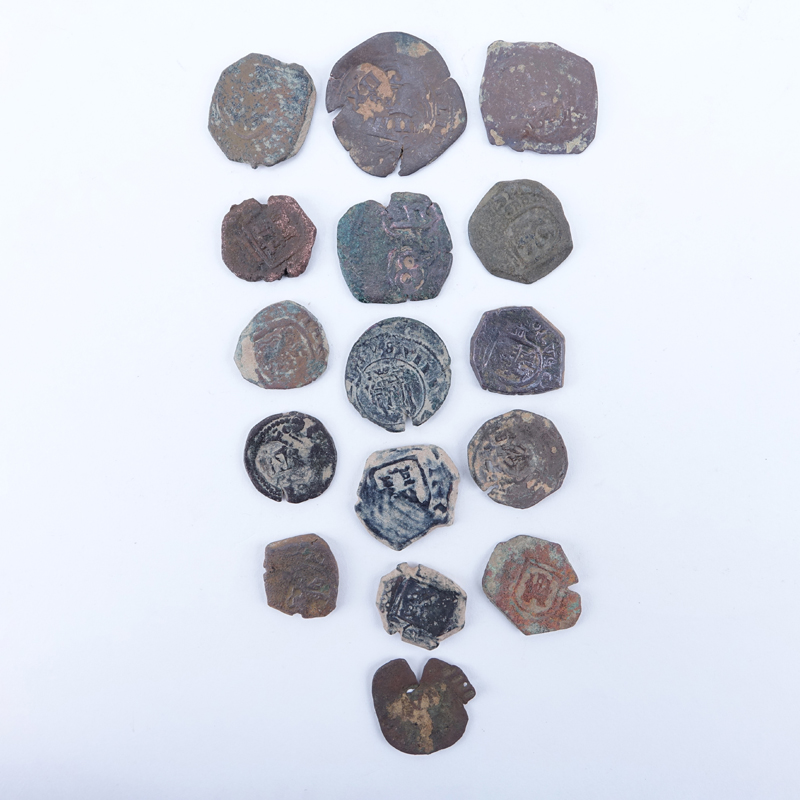 Collection of Sixteen (16) Spanish Philip IV Maravedis Cobb Coins. Possibly 16th century or later.