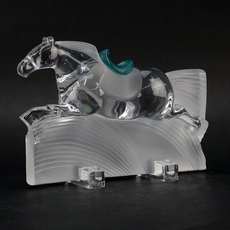 Daum France "Ming" Horse Sculpture. Frosted and clear crystal with molded green pate de verre saddle. 