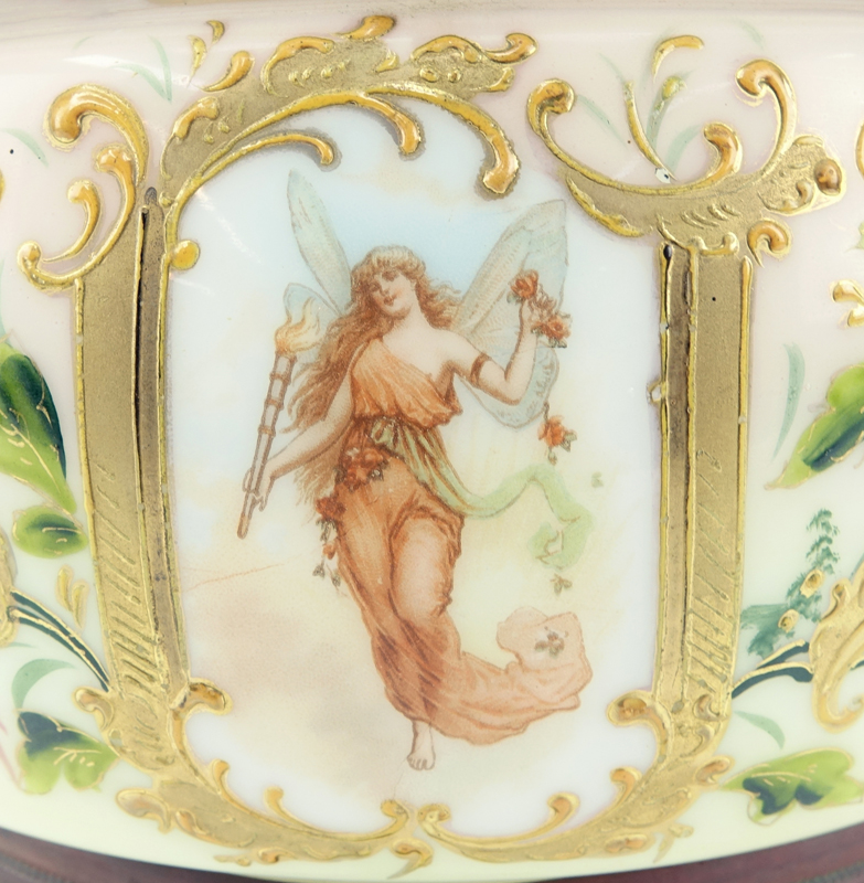 Antique German or Russian Hand Painted Opaline Box With Metal Mounts.