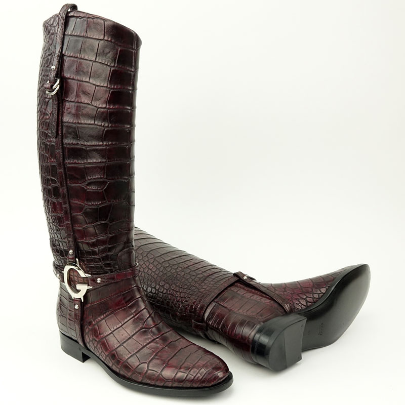 Gucci Eggplant Crocodile Leather Riding Boots.