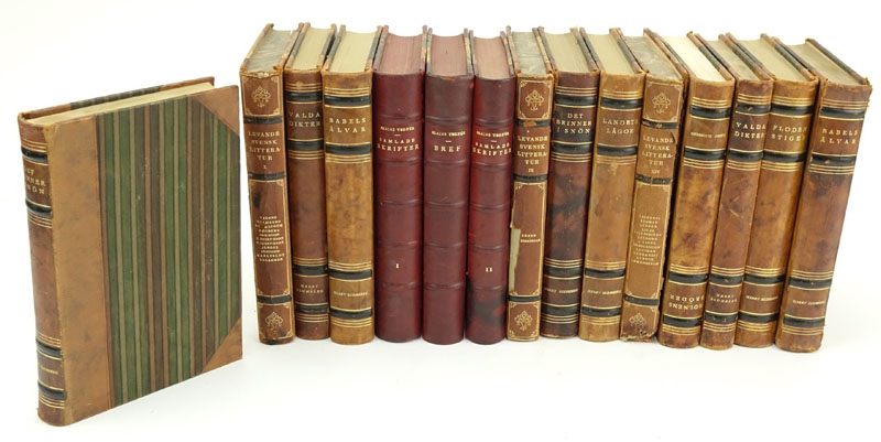 Lot of Fifteen (15) Antique Leather Bound Hardcover Books. Scandinavian Titles.