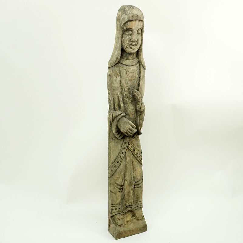 Old Wood Carved Folk Art Religious Idol. Usual wear to wood, patina, splits. 