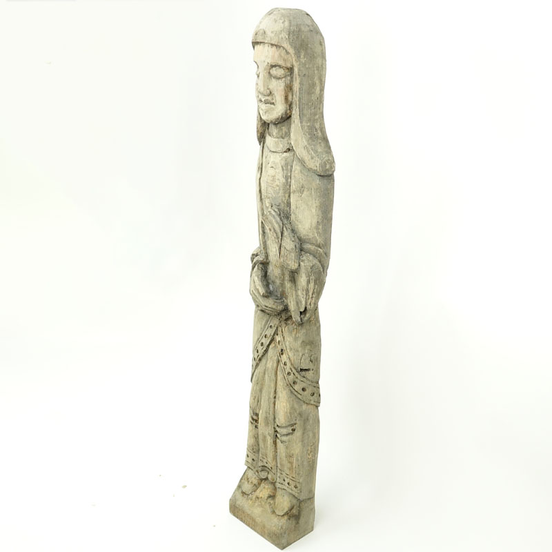 Old Wood Carved Folk Art Religious Idol. Usual wear to wood, patina, splits. 