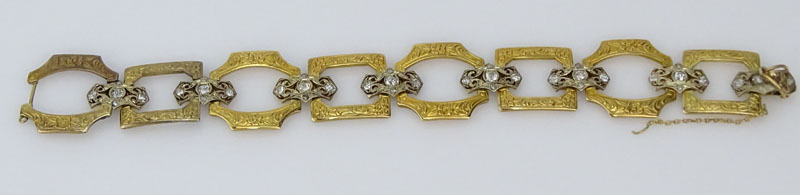 Antique Russian 14 Karat Yellow Gold and Old European Cut Diamond Open Link Bracelet.