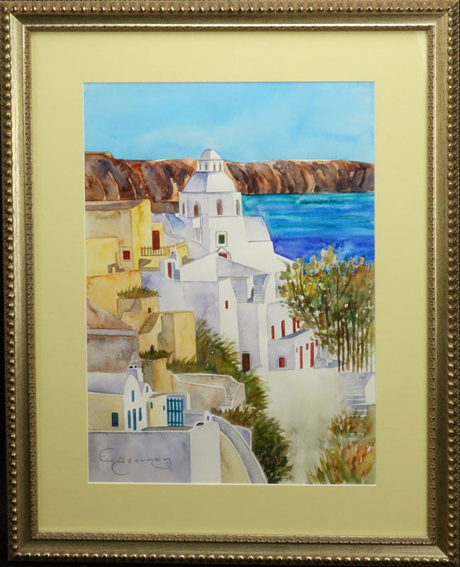 Two (2) Nicely Done Contemporary Watercolors "Overlooking The Sea" Signed. 