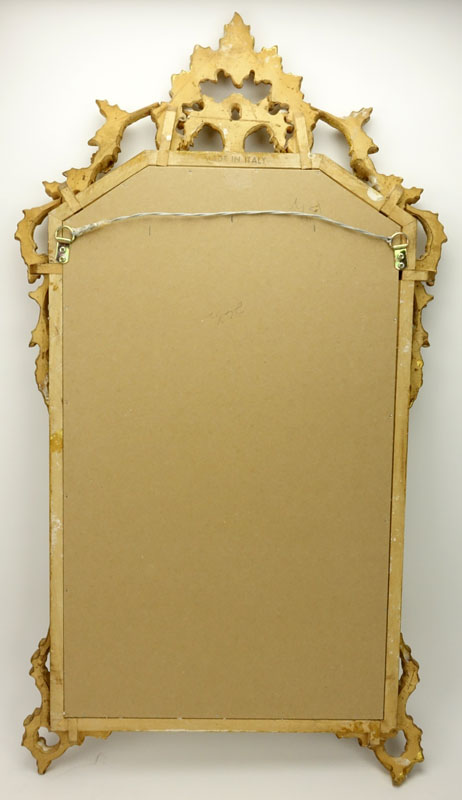 Modern Decorative Italian Gilt Pressed Wood Mirror. Signed Made In Italy.