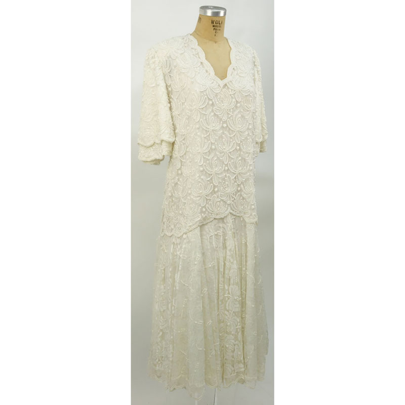 Vintage Ivory Color Beaded and Sequined Evening Dress.