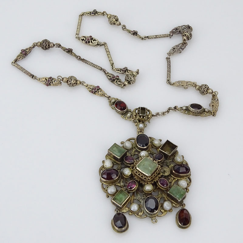 Antique Austro-Hungarian Emerald, Garnet, Pearl and Low Grade Silver Pendant Necklace. 