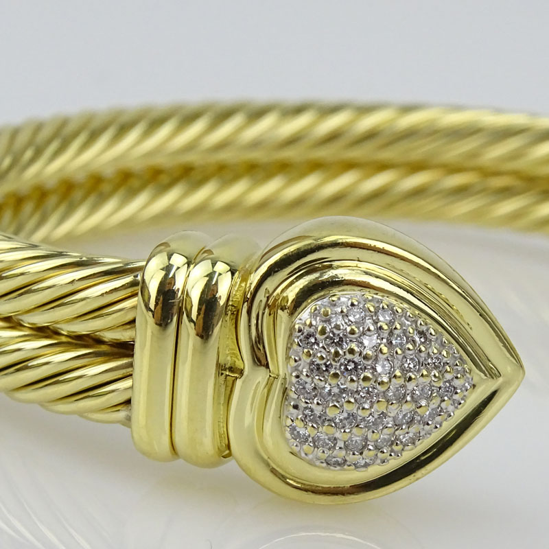 David Yurman Approx. .65 Carat Pave Set Diamond and 18 Karat Yellow Gold Double Cable Heart Cuff Bangle Bracelet.