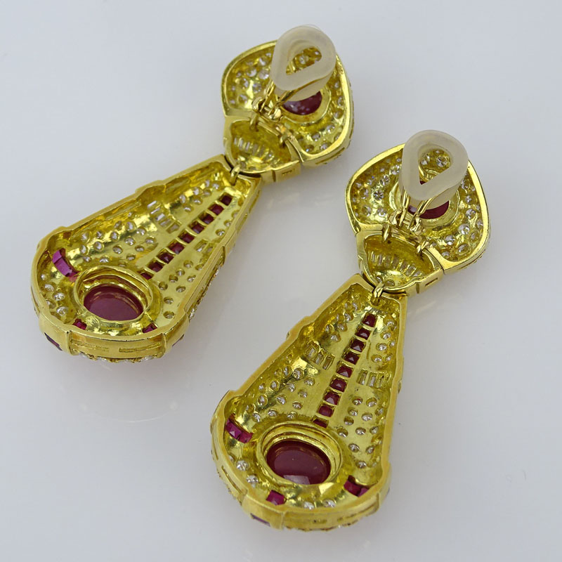 Very Fine Quality Burma Ruby, Diamond and 18 Karat Yellow Gold Pendant Earrings.