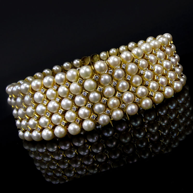 Exceptional Custom Pearl, Diamond and 18 Karat Yellow Gold Choker Necklace.