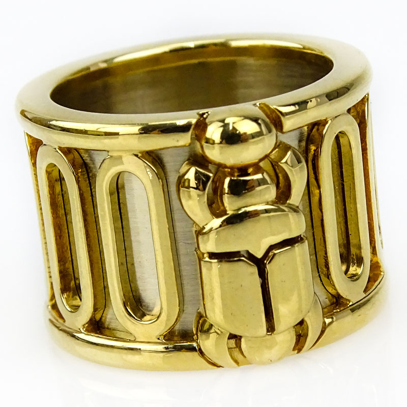 Vintage Cartier Two Tone 18 Karat Gold Scarab Ring with Box.