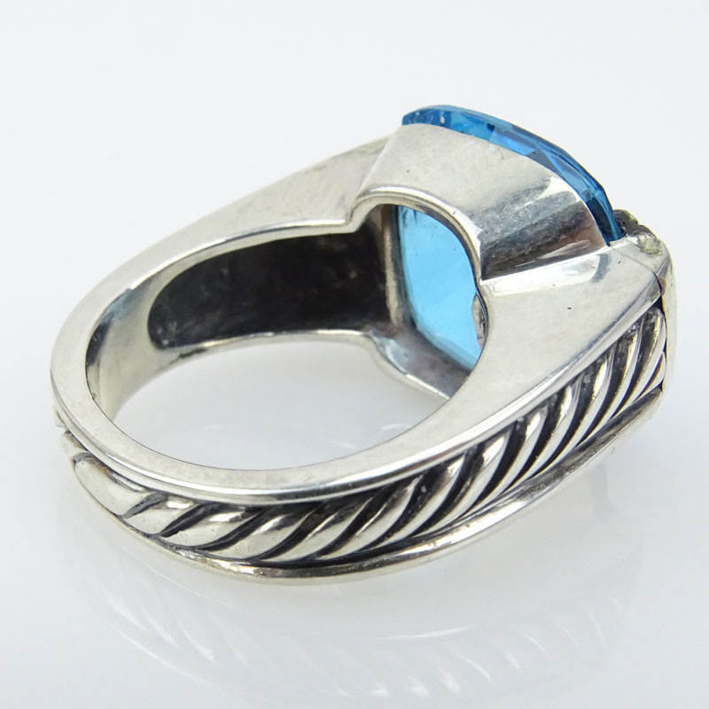 David Yurman Cushion Cut Blue Topaz, Diamond and Sterling Silver Cable Ring. 