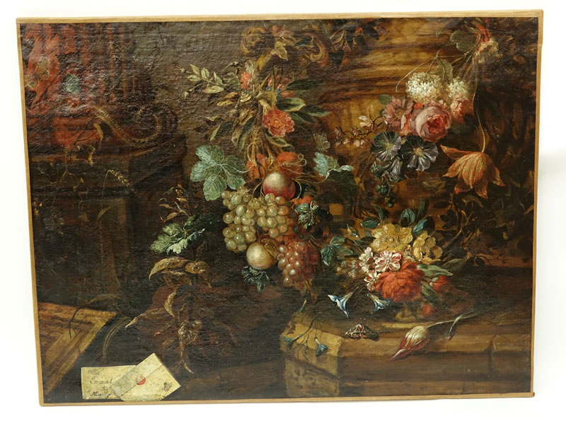 17th Century English Old Master Oil On Canvas "Still Life With Flowers, Insects, Sealed Letter and Snake".