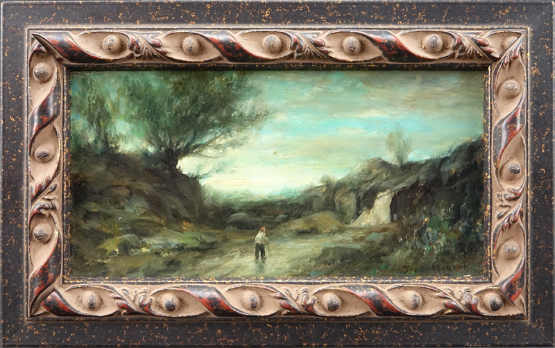 Paul Desire Trouillebert, French (1829 - 1900) Oil on panel "Traveler on a country road" Signed lower right. Good condition. Measures 4-1/4" x 8-1/8", frame measures 6-5/8" x 10-5/8". Shipping $56.00 (estimate $800-$1200)