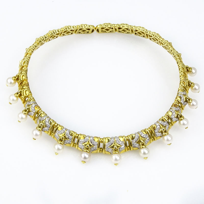 Vintage Bulgari style Heavy 18 Karat Yellow Gold, Pave Set Diamond and Pearl Flexible Choker Necklace. 