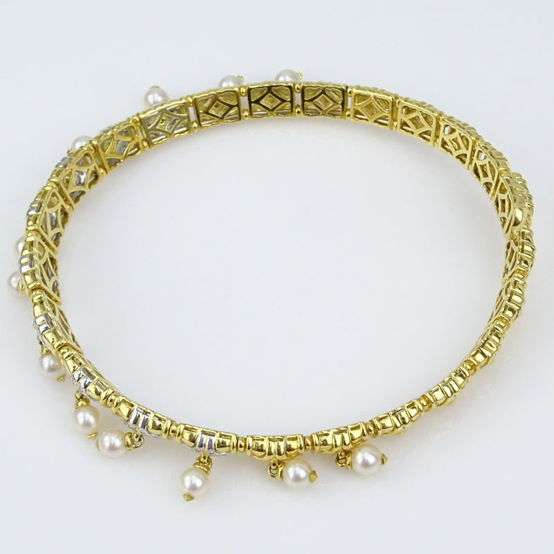 Vintage Bulgari style Heavy 18 Karat Yellow Gold, Pave Set Diamond and Pearl Flexible Choker Necklace. 