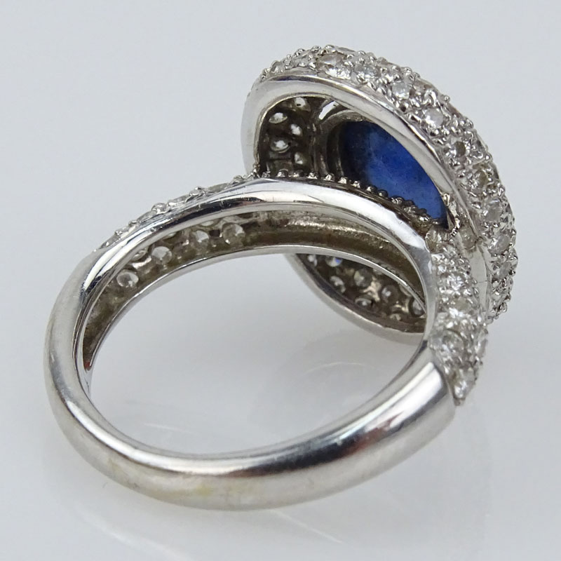 Italian Cabochon Sapphire, Pave Set Diamond and 18 Karat White Gold Dome Ring. 