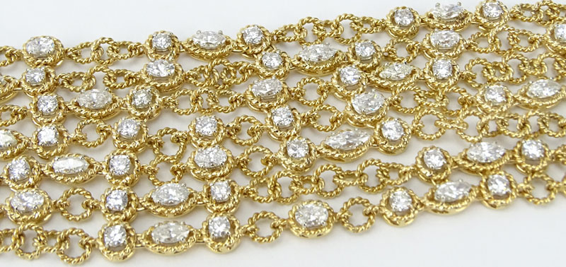 Vintage Approx. 15.0 Carat Round Brilliant, Marquise and Oval Cut Diamond and 16 Karat (clasp 14K) Yellow Gold Wide Mesh Link Bracelet. 