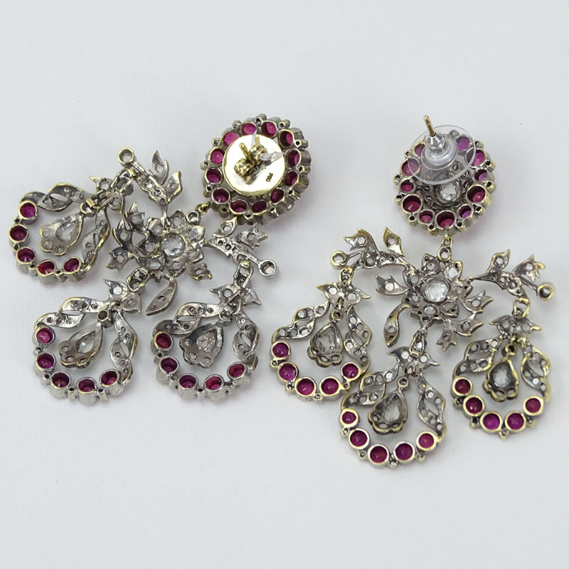 Antique Approx. 8.0 Carat Rose Cut Diamond, 7.50 Carat Ruby and 18 Karat Yellow Gold Chandelier Earrings. 