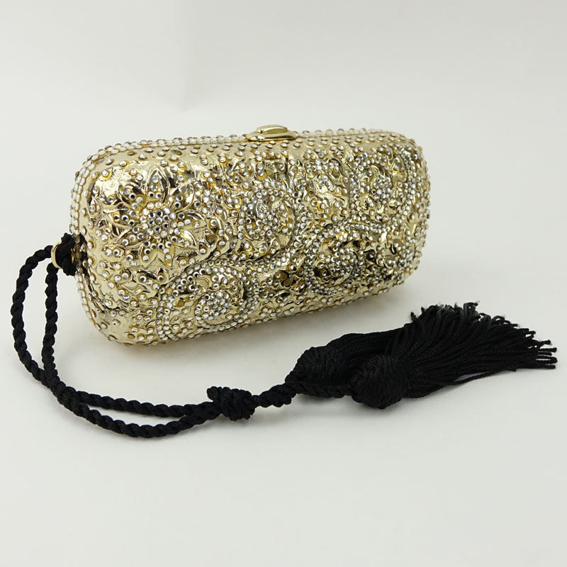 Vintage Judith Leiber Miniature Gold and Crystal Evening Bag With Black Tassels.