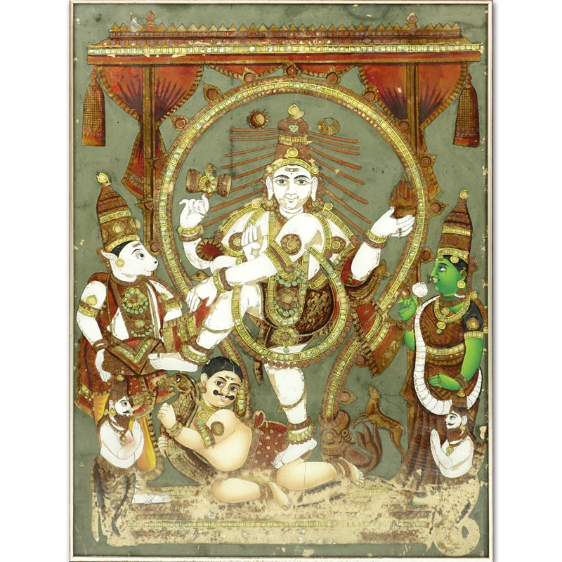 Early 20th Century Hindu Reverse Glass Painting. Depicts an image of Shiva.