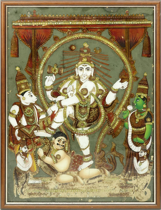 Early 20th Century Hindu Reverse Glass Painting. Depicts an image of Shiva.