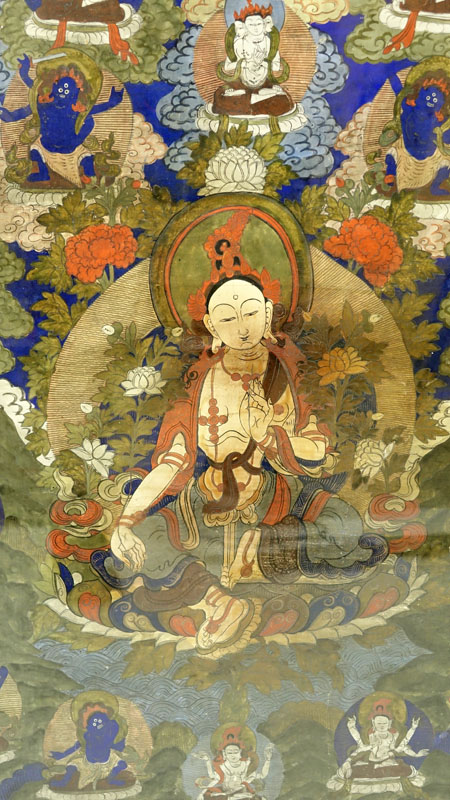 19th Century Tibetan Thangka Gouache Painting on Silk.