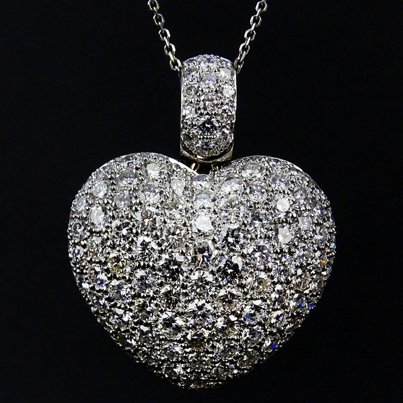 Approx. 5.50 Carat Pave Set Round Brilliant Cut Diamond and 18 Karat White Gold Puffed Heart Pendant with 14 Karat White Gold Chain.