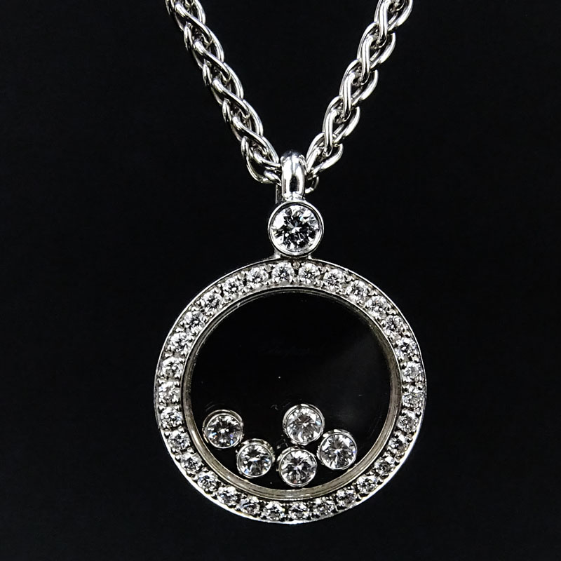 Chopard Diamond and 18 Karat White Gold Happy Diamond Circle Pendant Necklace with Five (5) Floating Diamonds.