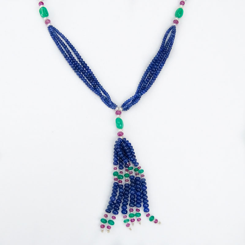 Beautiful Quality Approx. 56.0 Carat Sapphire Bead, Emerald, Ruby and Pearl Sautoire / Tassel Necklace. 
