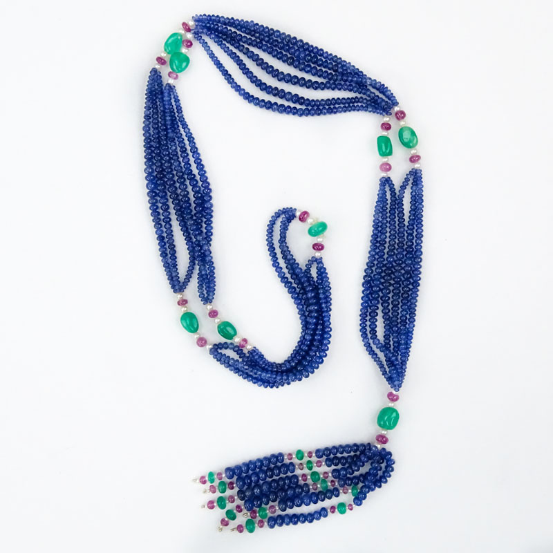 Beautiful Quality Approx. 56.0 Carat Sapphire Bead, Emerald, Ruby and Pearl Sautoire / Tassel Necklace. 