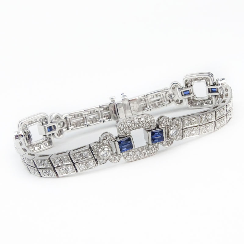 Art Deco style Approx. 3.04 Carat Pave Set Round Brilliant Cut Diamond, 1.07 Carat Sapphire and Platinum Bracelet. .