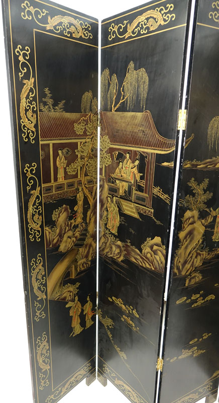 Modern Chinese Lacquered 4 Panel Screen.