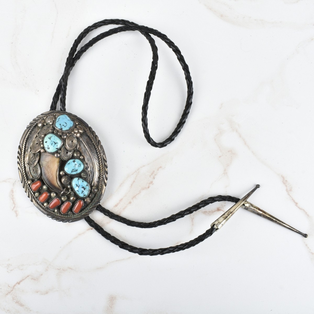 Navajo Turquoise, Coral & Silver Bolo Tie