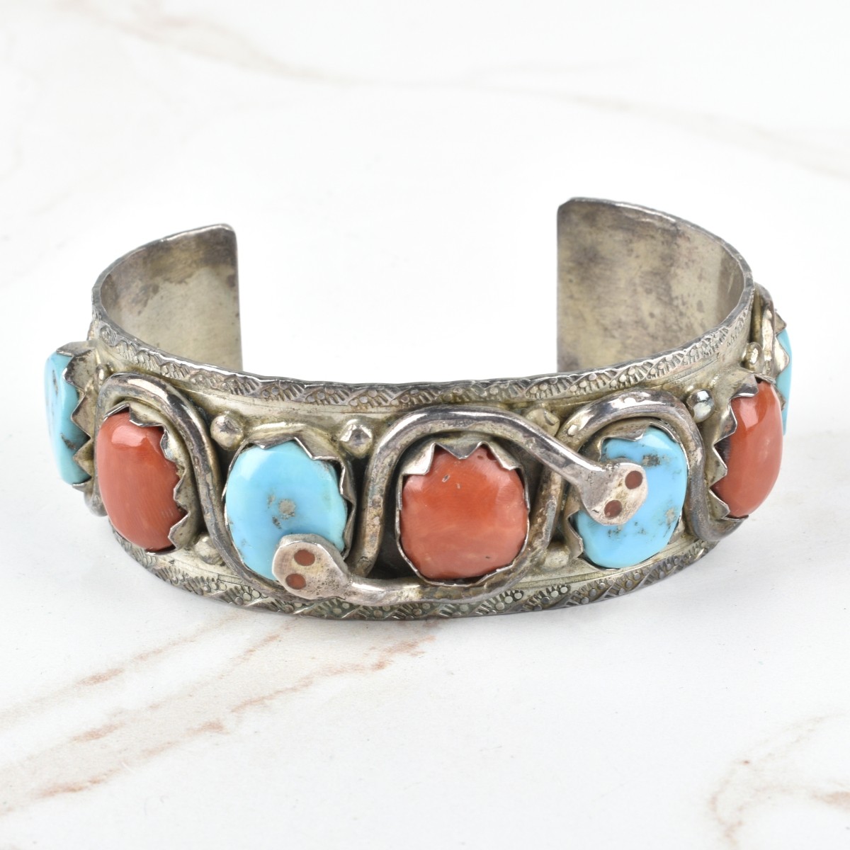 Zuni Coral, Turquoise and Silver Bracelet