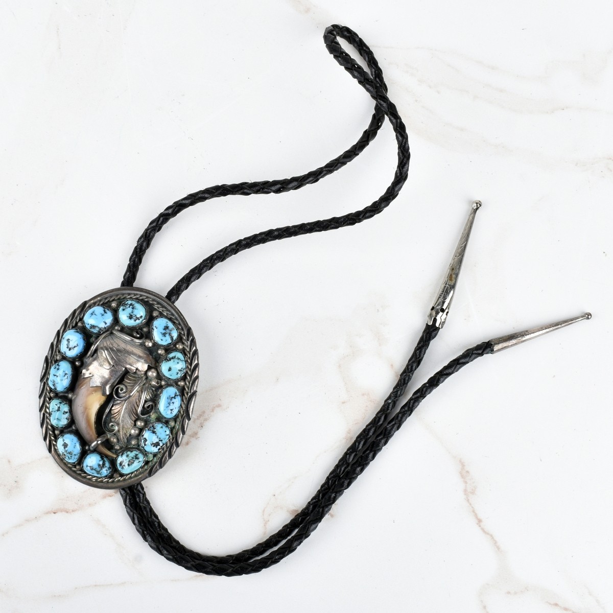 Navajo Turquoise, Bear Claw and Silver Bolo Tie