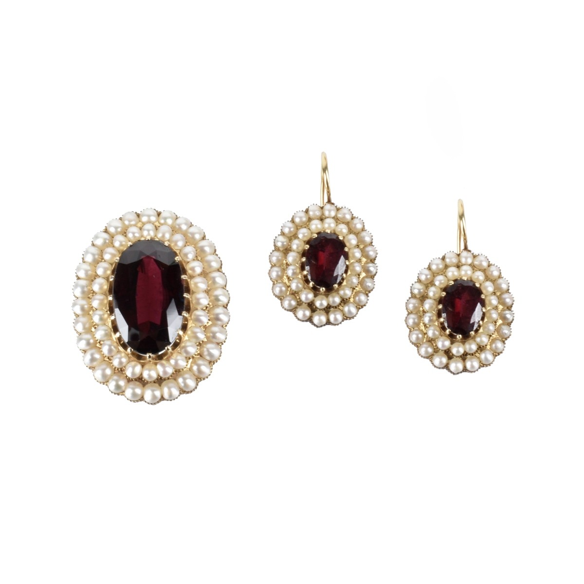 Garnet, Pearl and 14K Earrings and Brooch