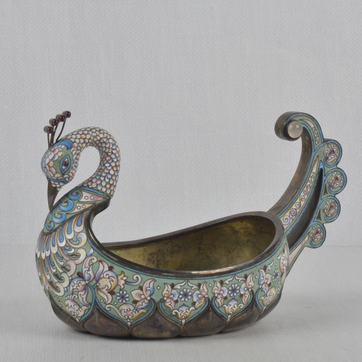 Russian 84 Silver and Cloisonne Kovsh